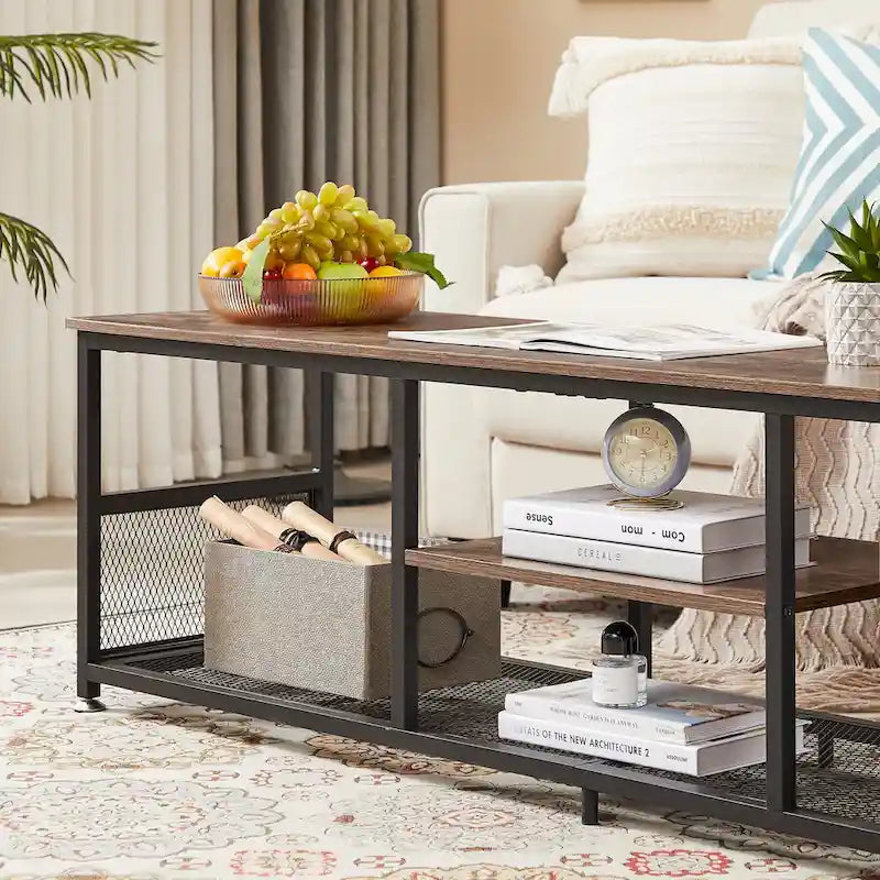 Meuble TV industriel Javlergo, console média de divertissement avec rangement et étagère en maille pour salon/chambre à coucher, marron