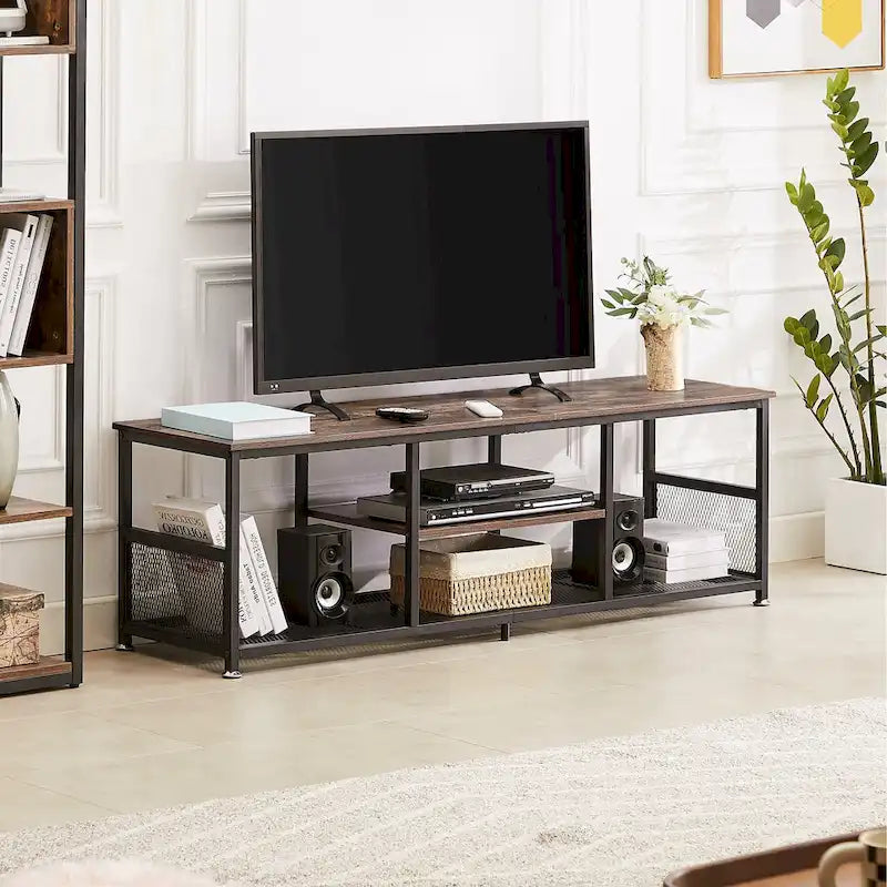Meuble TV industriel Javlergo, console média de divertissement avec rangement et étagère en maille pour salon/chambre à coucher, marron