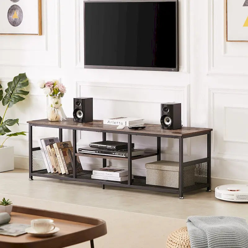 Meuble TV industriel Javlergo, console média de divertissement avec rangement et étagère en maille pour salon/chambre à coucher, marron