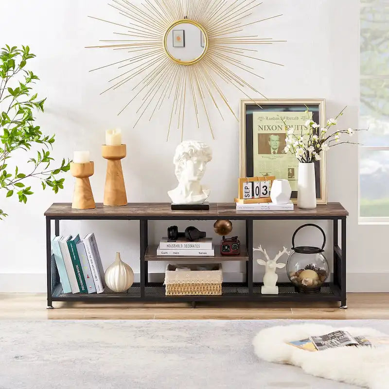 Meuble TV industriel Javlergo, console média de divertissement avec rangement et étagère en maille pour salon/chambre à coucher, marron