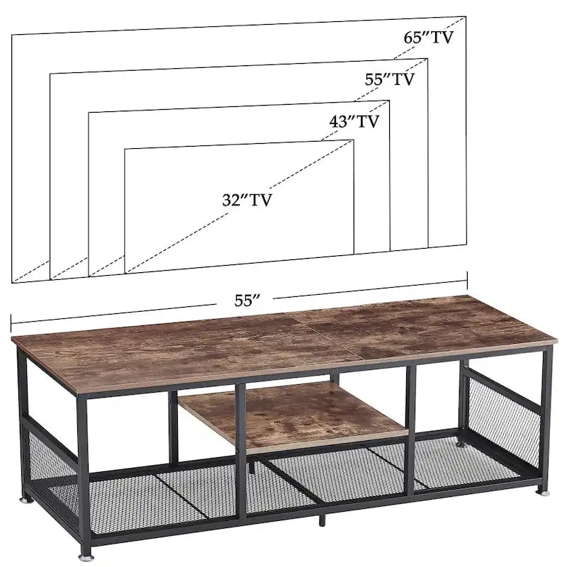 Meuble TV industriel Javlergo, console média de divertissement avec rangement et étagère en maille pour salon/chambre à coucher, marron