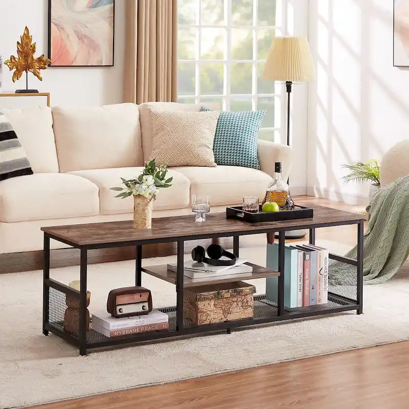 Meuble TV industriel Javlergo, console média de divertissement avec rangement et étagère en maille pour salon/chambre à coucher, marron