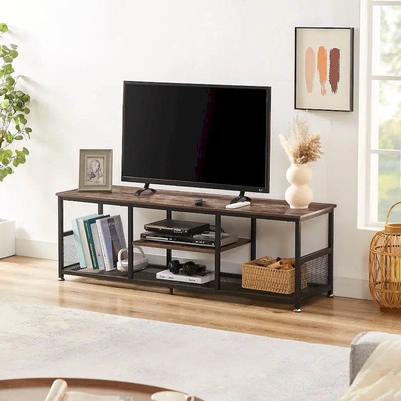 Meuble TV industriel Javlergo, console média de divertissement avec rangement et étagère en maille pour salon/chambre à coucher, marron