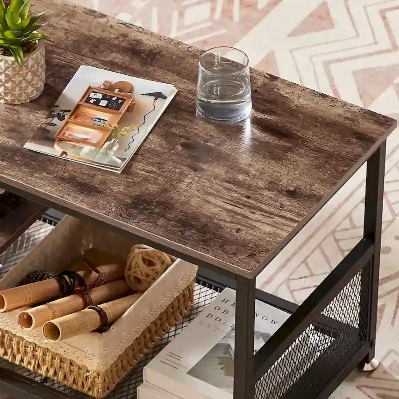 Meuble TV industriel Javlergo, console média de divertissement avec rangement et étagère en maille pour salon/chambre à coucher, marron