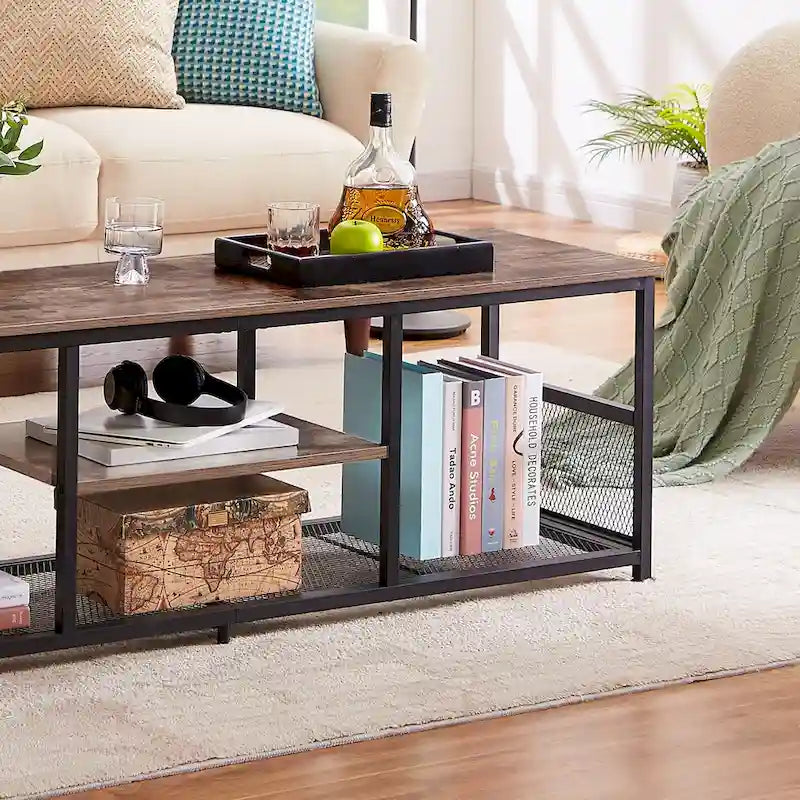 Meuble TV industriel Javlergo, console média de divertissement avec rangement et étagère en maille pour salon/chambre à coucher, marron