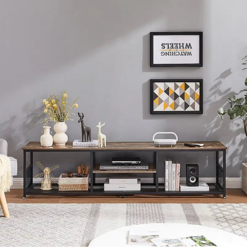 Meuble TV industriel Javlergo, console média de divertissement avec rangement et étagère en maille pour salon/chambre à coucher, marron