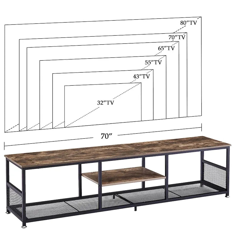 Meuble TV industriel Javlergo, console média de divertissement avec rangement et étagère en maille pour salon/chambre à coucher, marron