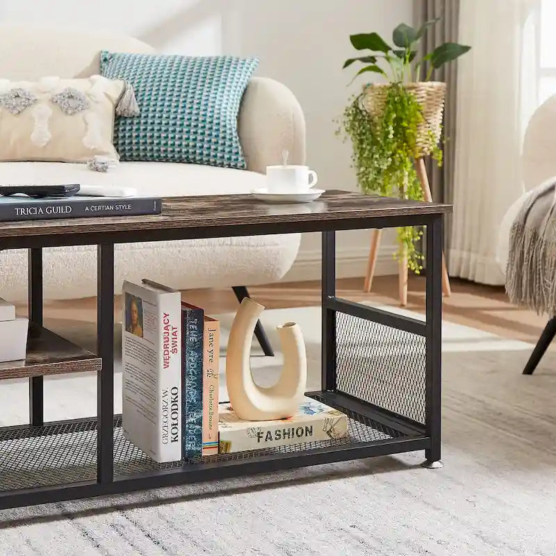 Meuble TV industriel Javlergo, console média de divertissement avec rangement et étagère en maille pour salon/chambre à coucher, marron