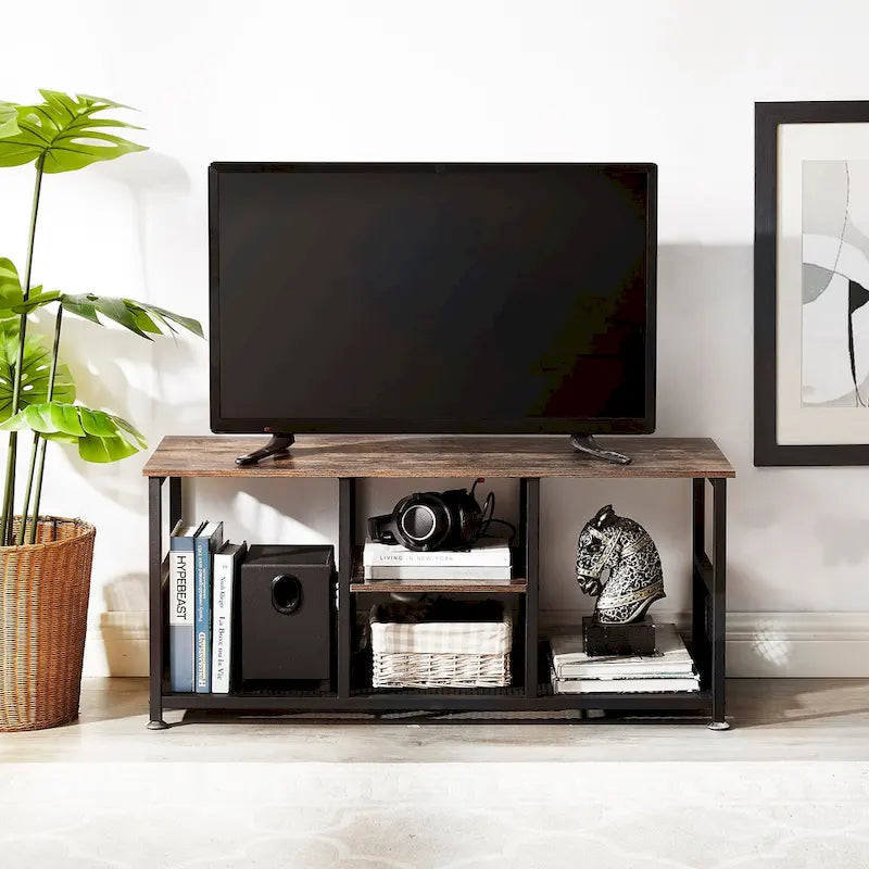 Meuble TV industriel Javlergo, console média de divertissement avec rangement et étagère en maille pour salon/chambre à coucher, marron