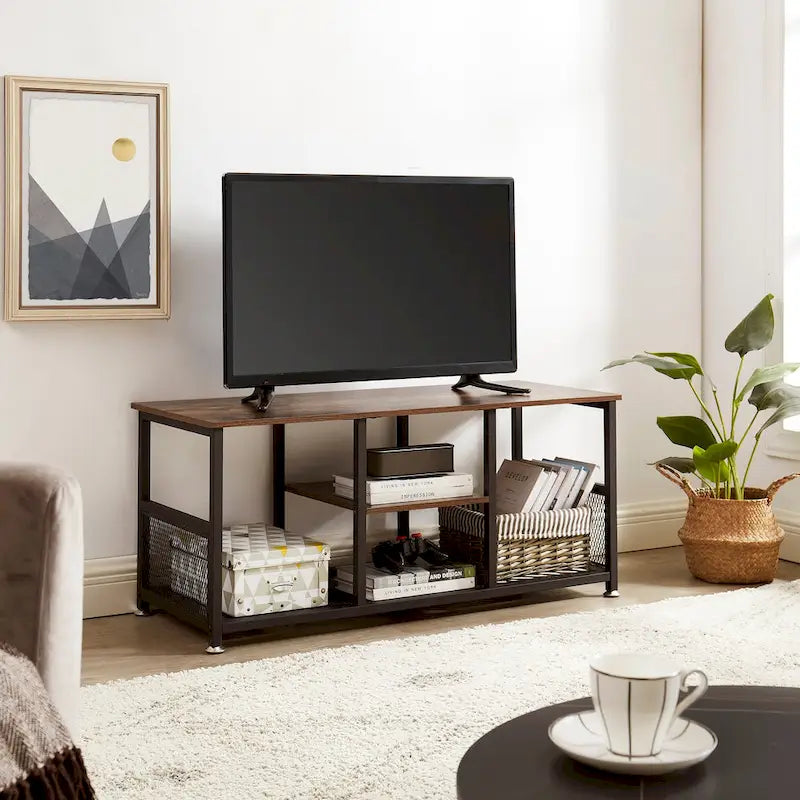 Meuble TV industriel Javlergo, console média de divertissement avec rangement et étagère en maille pour salon/chambre à coucher, marron