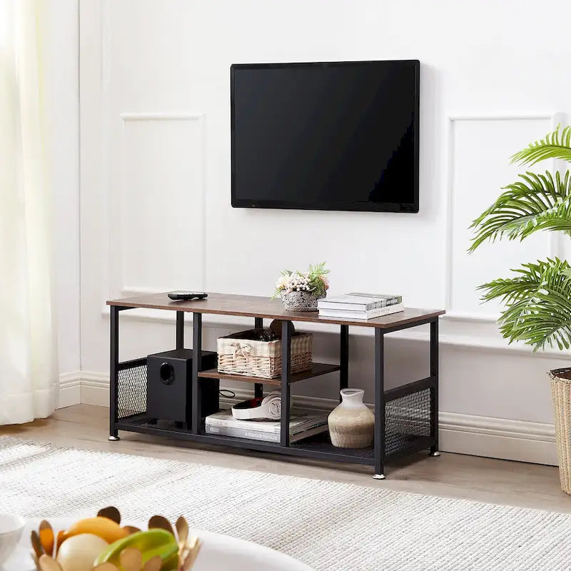 Meuble TV industriel Javlergo, console média de divertissement avec rangement et étagère en maille pour salon/chambre à coucher, marron