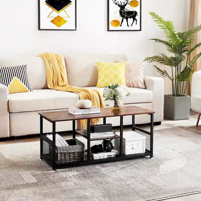 Meuble TV industriel Javlergo, console média de divertissement avec rangement et étagère en maille pour salon/chambre à coucher, marron