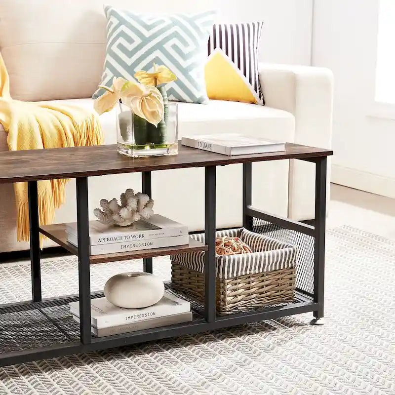 Meuble TV industriel Javlergo, console média de divertissement avec rangement et étagère en maille pour salon/chambre à coucher, marron