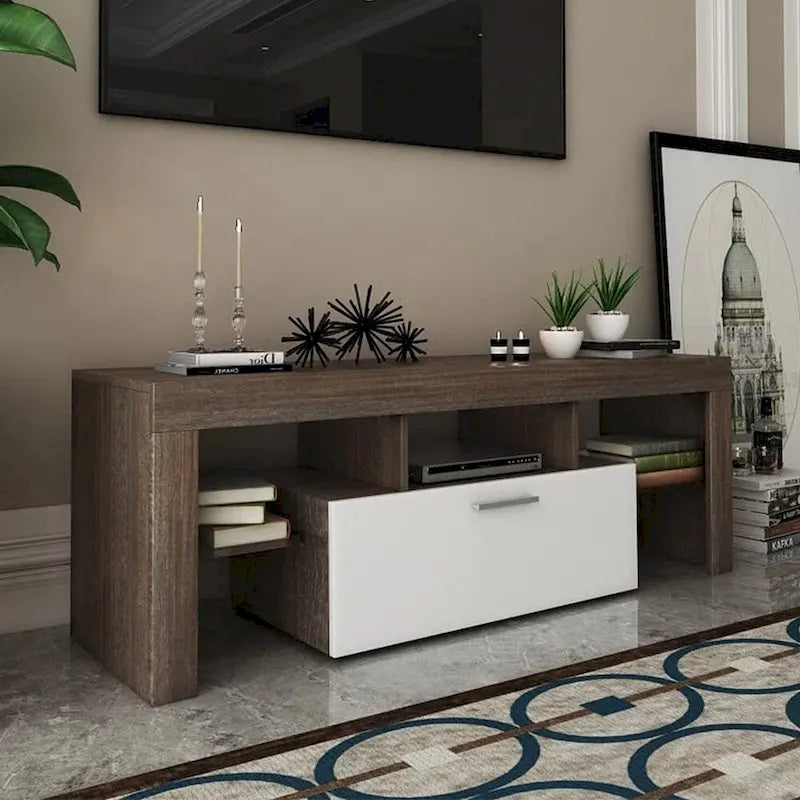 Meuble TV LED moderne avec placard, montage rapide en 20 minutes - 130 cm x 35 cm x 45 cm