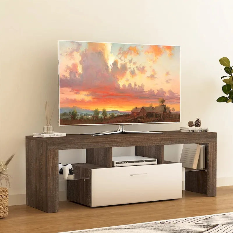 Meuble TV LED moderne avec placard, montage rapide en 20 minutes - 130 cm x 35 cm x 45 cm
