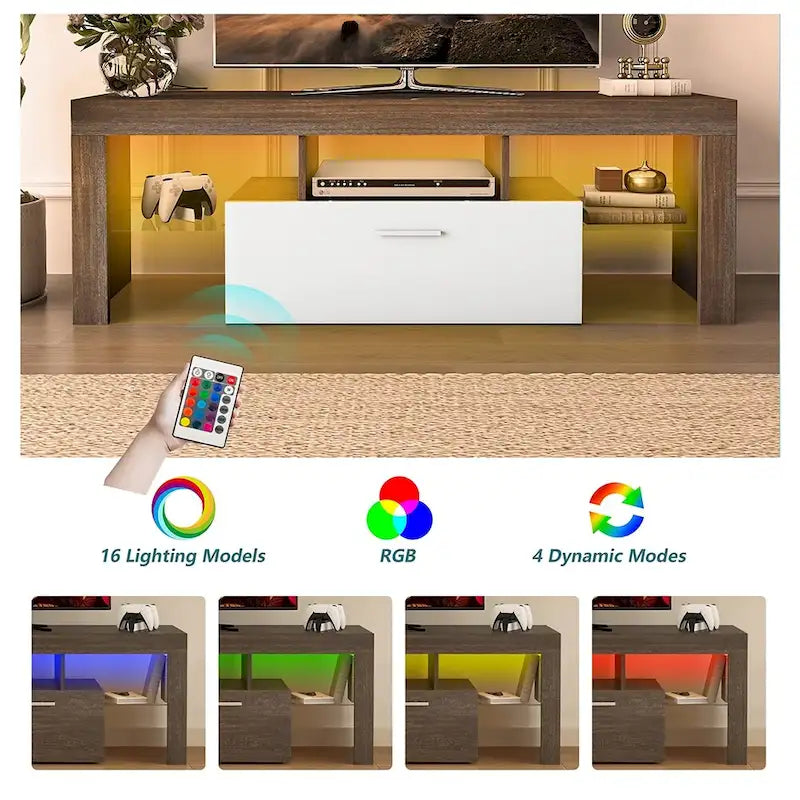Meuble TV LED moderne avec placard, montage rapide en 20 minutes - 130 cm x 35 cm x 45 cm