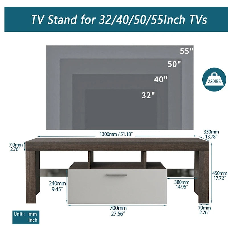 Meuble TV LED moderne avec placard, montage rapide en 20 minutes - 130 cm x 35 cm x 45 cm