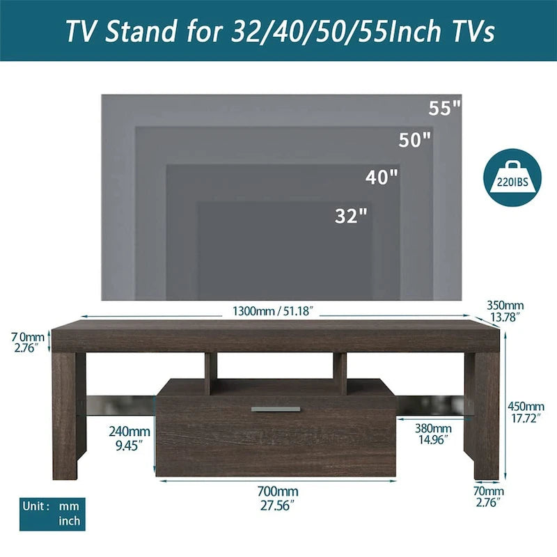Meuble TV LED moderne avec placard, montage rapide en 20 minutes - 130 cm x 35 cm x 45 cm