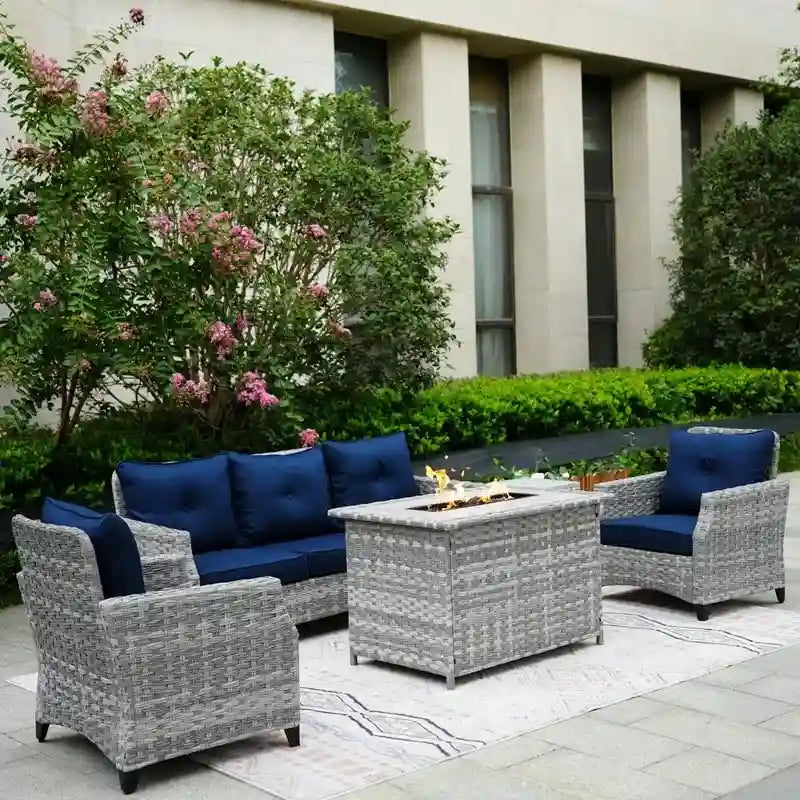 Salon de jardin 5 pièces en osier avec table brasero et housse de protection