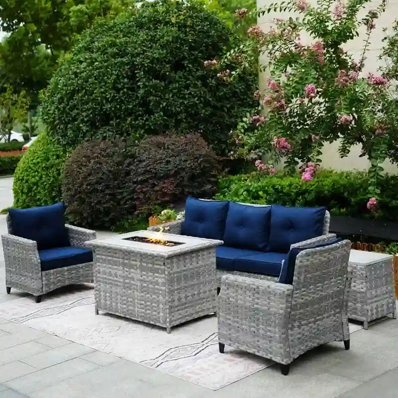 Salon de jardin 5 pièces en osier avec table brasero et housse de protection