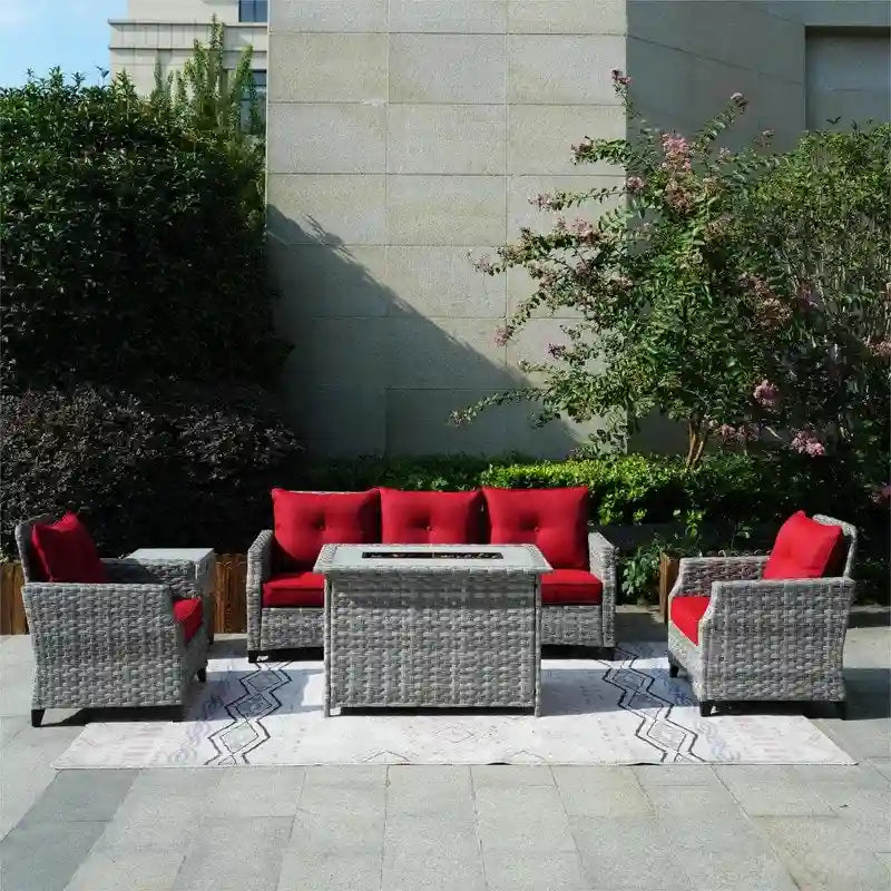 Salon de jardin 5 pièces en osier avec table brasero et housse de protection