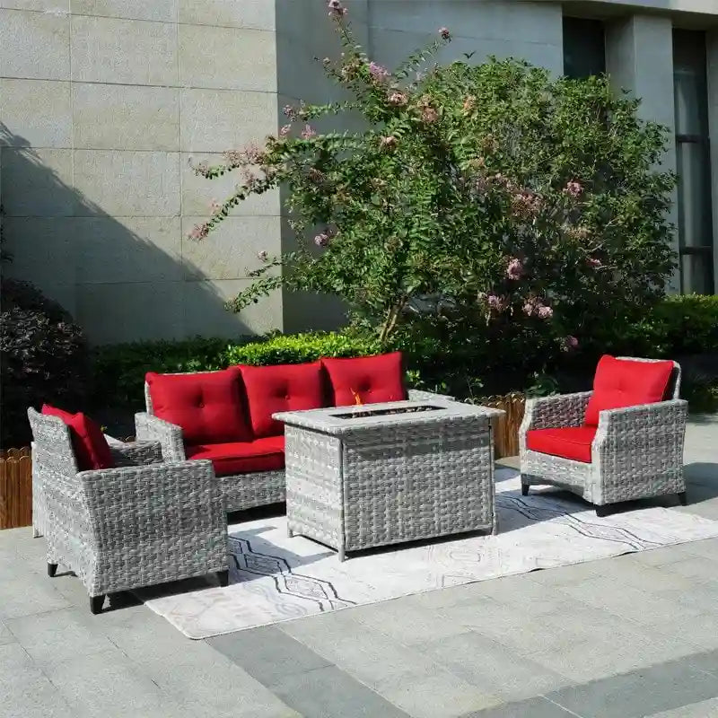 Salon de jardin 5 pièces en osier avec table brasero et housse de protection