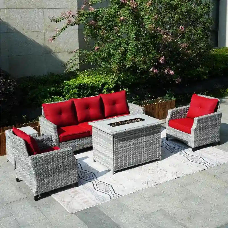 Salon de jardin 5 pièces en osier avec table brasero et housse de protection
