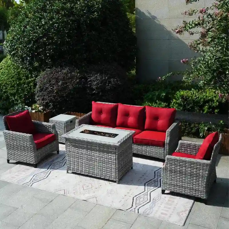 Salon de jardin 5 pièces en osier avec table brasero et housse de protection