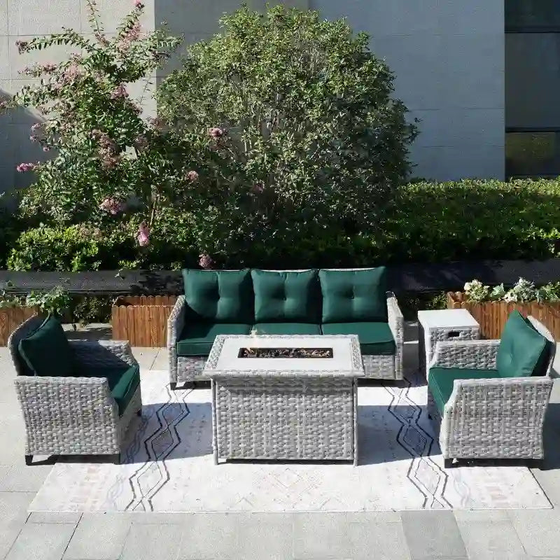 Salon de jardin 5 pièces en osier avec table brasero et housse de protection