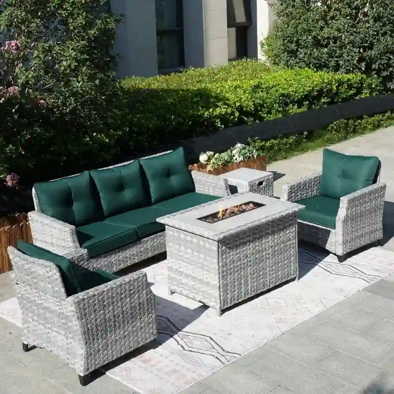 Salon de jardin 5 pièces en osier avec table brasero et housse de protection