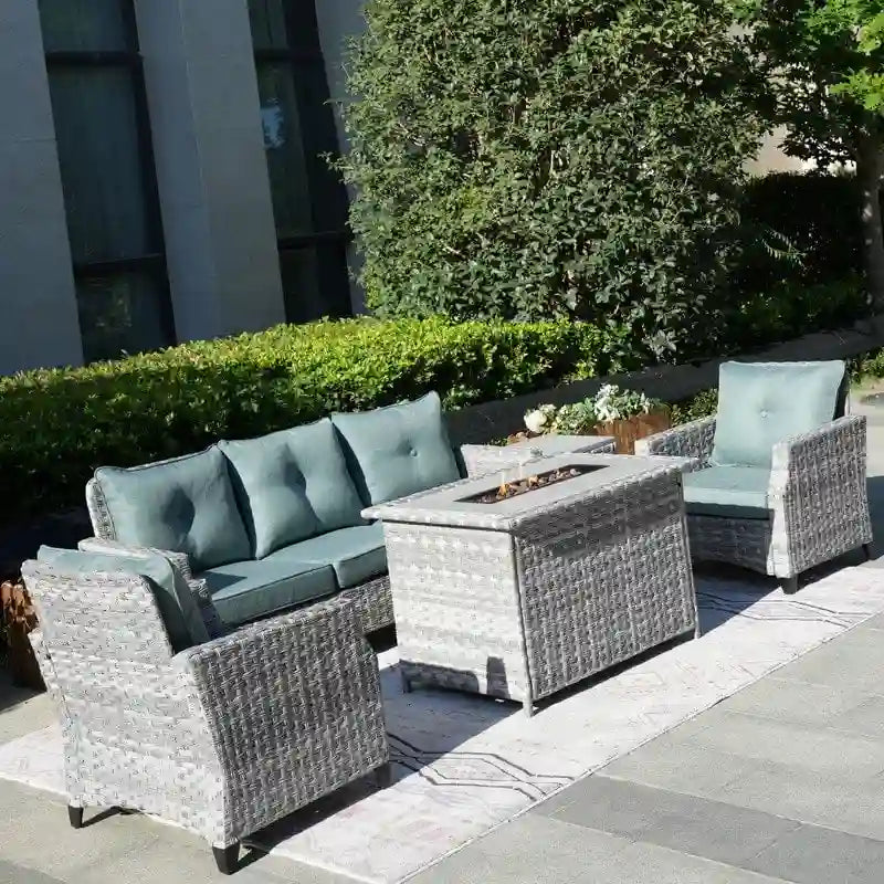 Salon de jardin 5 pièces en osier avec table brasero et housse de protection