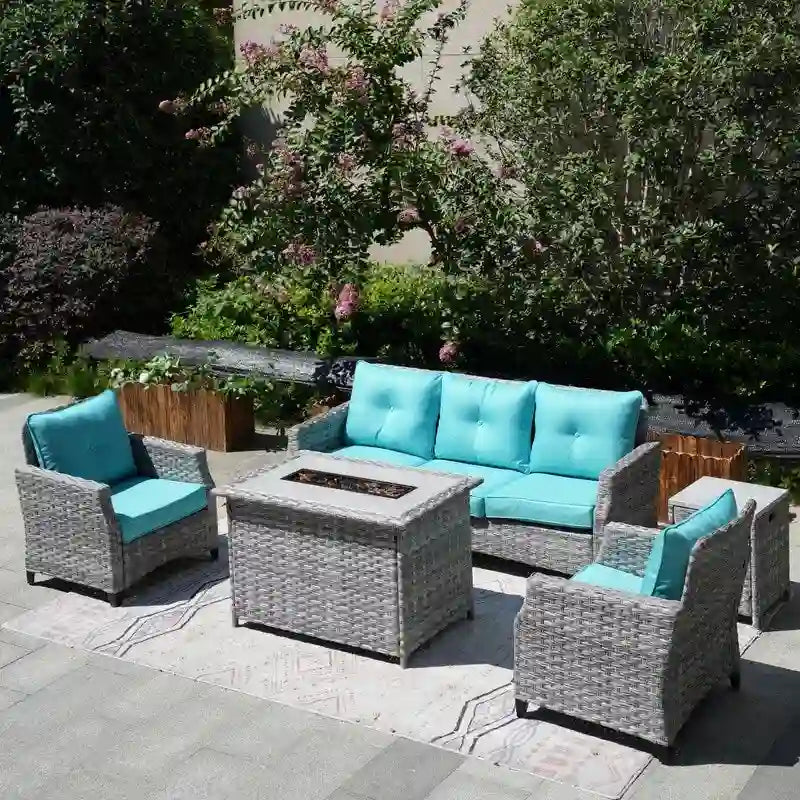 Salon de jardin 5 pièces en osier avec table brasero et housse de protection