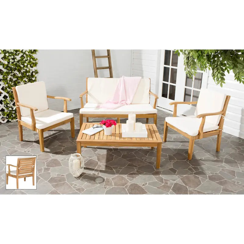 SAFAVIEH Outdoor Kaia Acacia Wood 4-Piece Patio Set - 48W x 32D x 25H