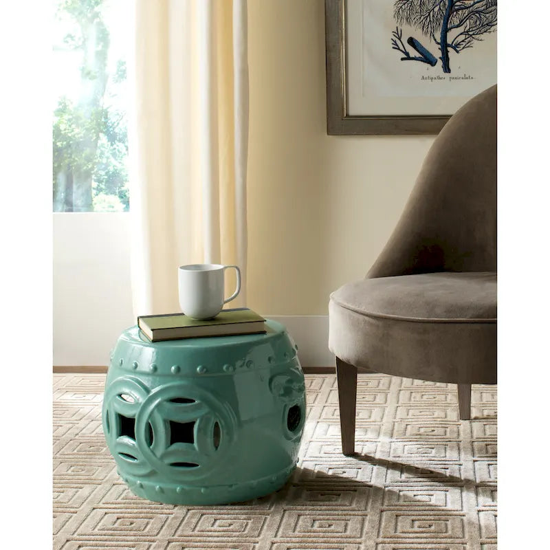 Tabouret de jardin décoratif en céramique blanche antique à double pièce Safavieh Noelly