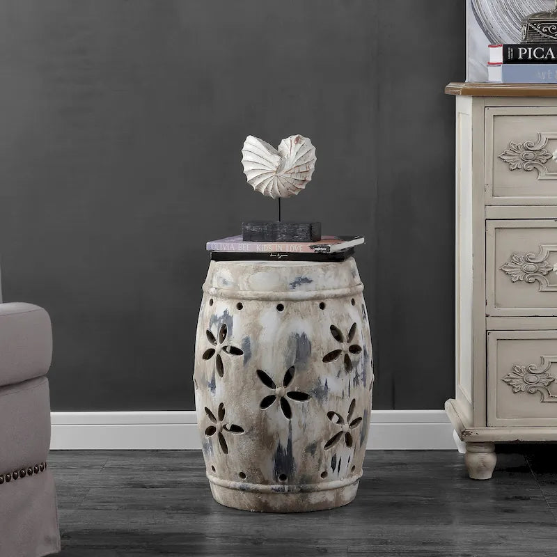 Tabouret de jardin SAFAVIEH Dillie Floral en béton, crème antique, intérieur/extérieur