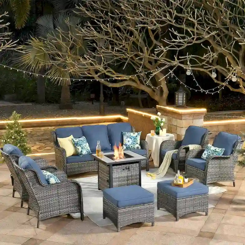 Ensemble de mobilier de jardin 8 pièces en osier gris OVIOS avec foyer