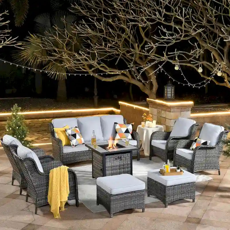 Ensemble de mobilier de jardin 8 pièces en osier gris OVIOS avec foyer