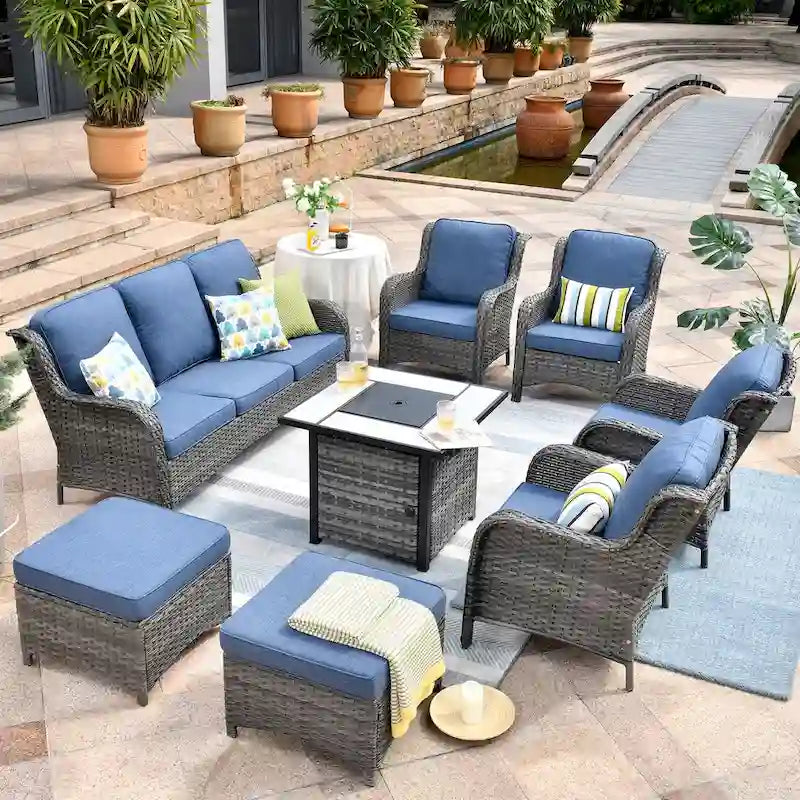 Ensemble de mobilier de jardin 8 pièces en osier gris OVIOS avec foyer