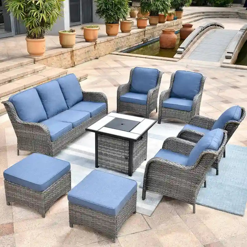 Ensemble de mobilier de jardin 8 pièces en osier gris OVIOS avec foyer