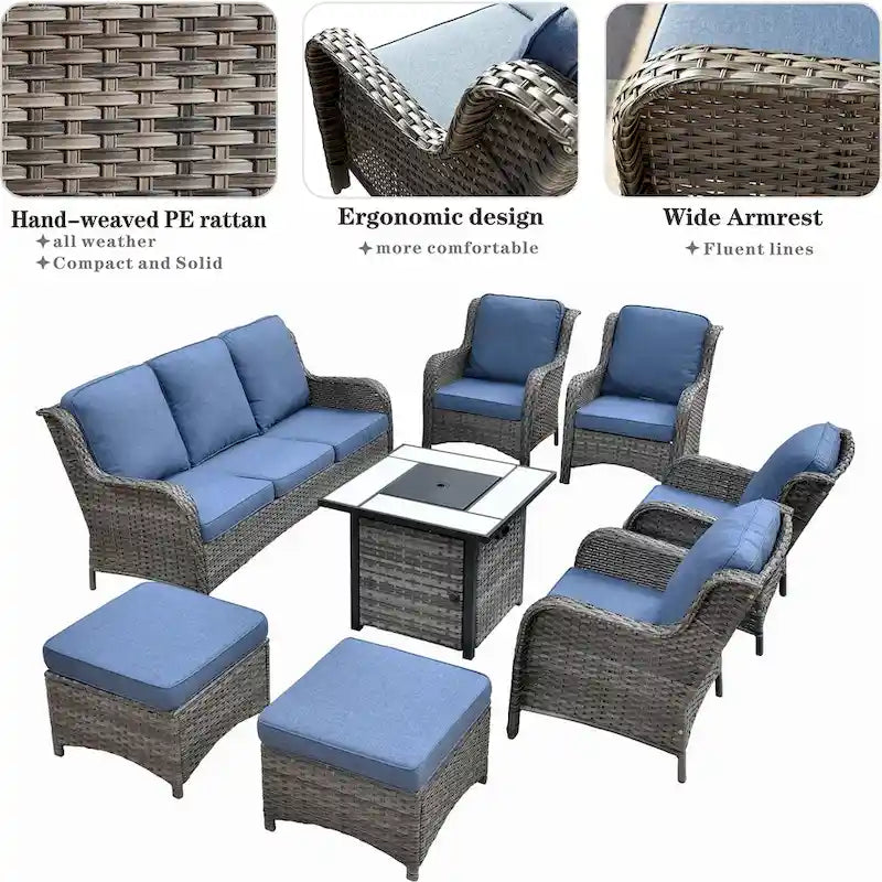 Ensemble de mobilier de jardin 8 pièces en osier gris OVIOS avec foyer