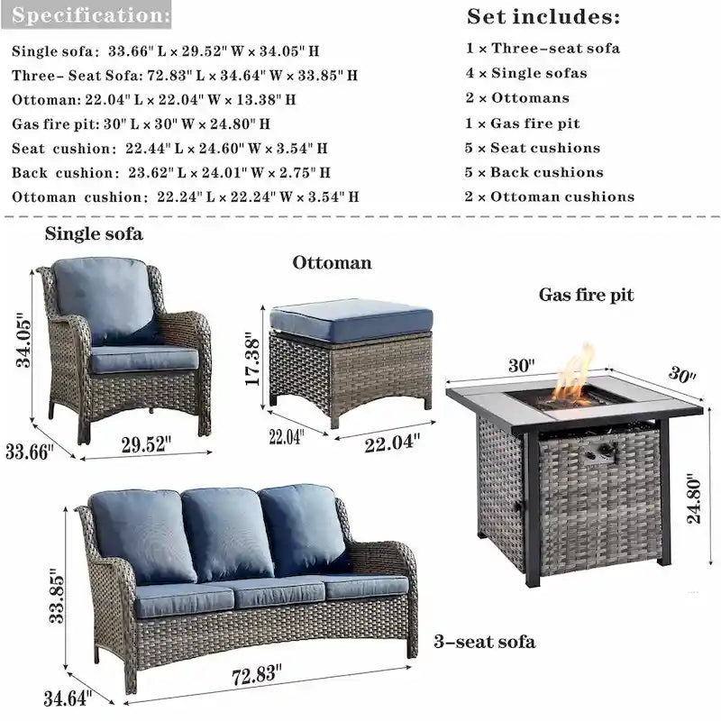 Ensemble de mobilier de jardin 8 pièces en osier gris OVIOS avec foyer