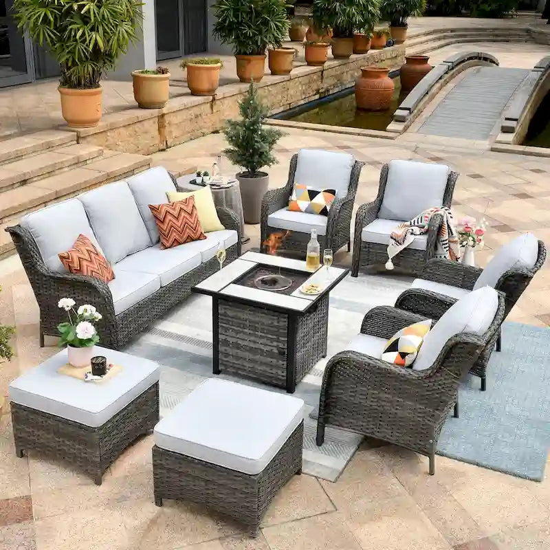 Ensemble de mobilier de jardin 8 pièces en osier gris OVIOS avec foyer