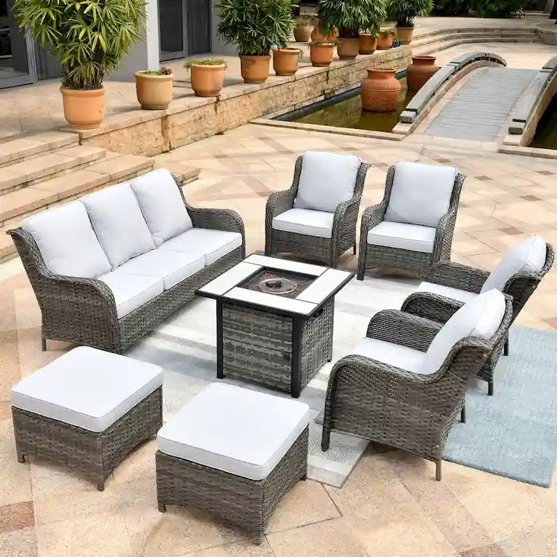 Ensemble de mobilier de jardin 8 pièces en osier gris OVIOS avec foyer