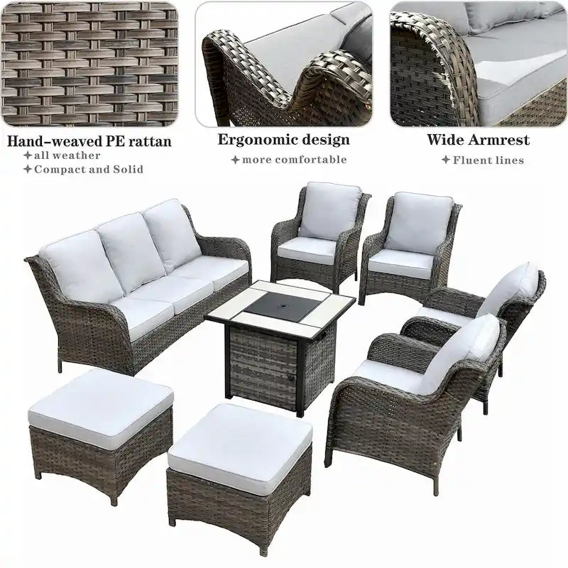 Ensemble de mobilier de jardin 8 pièces en osier gris OVIOS avec foyer