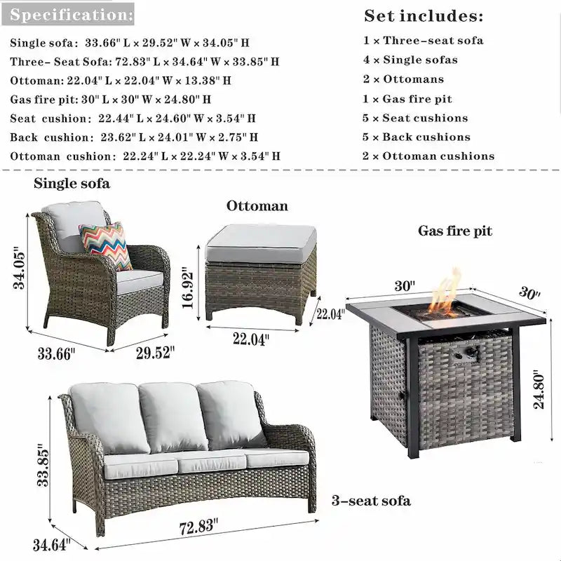 Ensemble de mobilier de jardin 8 pièces en osier gris OVIOS avec foyer