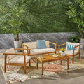Newbury Outdoor 4-Seater Acacia Wood Chat Set with Coffee Table by Christopher Knight Home
