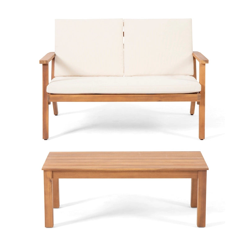 Ensemble causeuse et table basse d'extérieur en bois d'acacia Temecula avec coussins par Christopher Knight Home