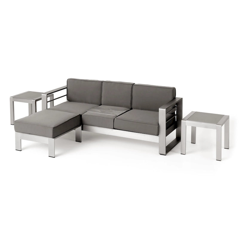 Ensemble canapé trois places en aluminium et pouf d'extérieur Cape Coral avec tables d'appoint par Christopher Knight Home