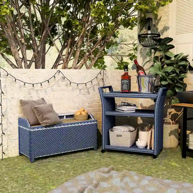 Banc de rangement 2 pièces et chariot de service Courtnie Beach Navy Wicker de Furniture of America