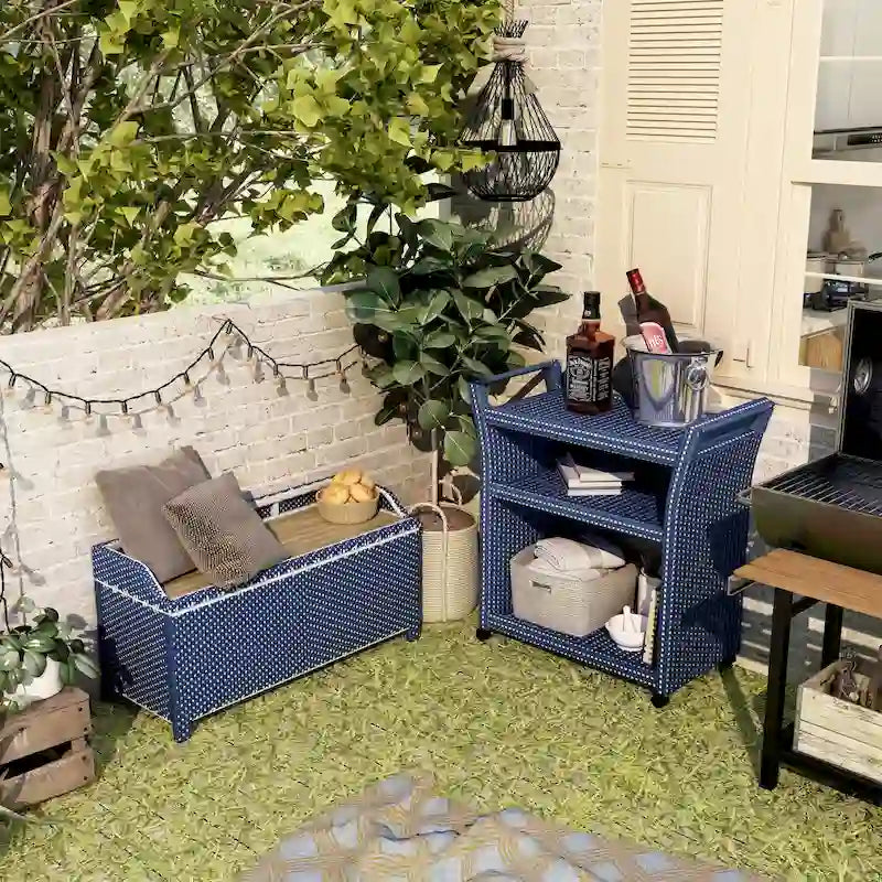 Banc de rangement 2 pièces et chariot de service Courtnie Beach Navy Wicker de Furniture of America